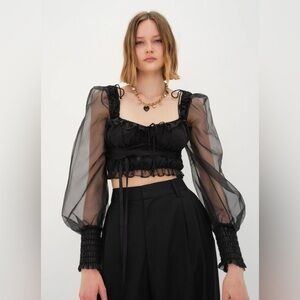 For Love And Lemons Black Sheer Puff Sleeve Top